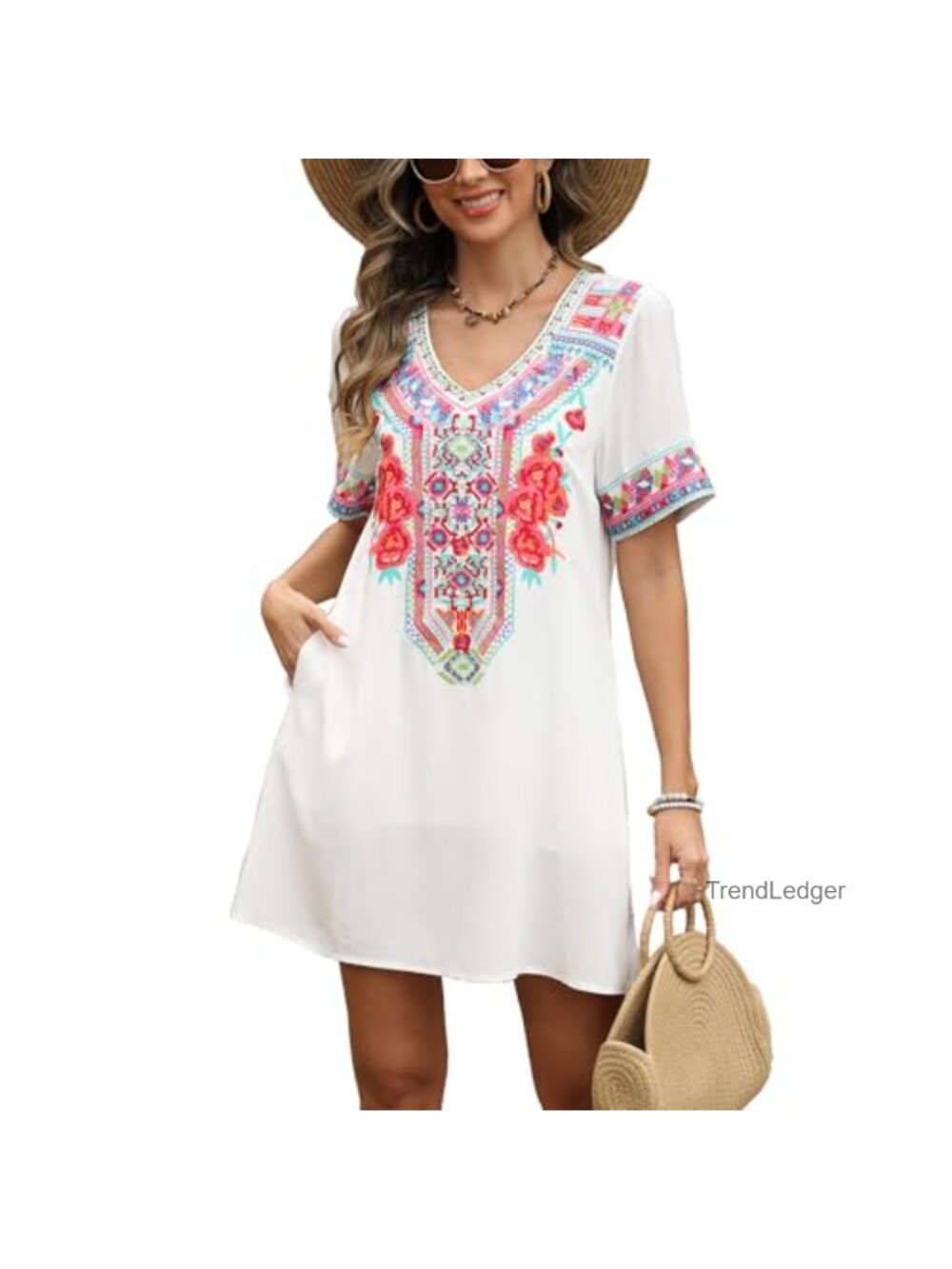 Embroidered Mexican Boho Short Sleeve Dress with Pocket Plus Size